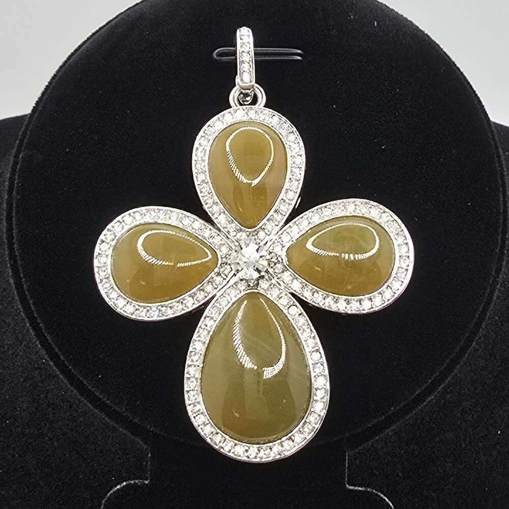 Vintage Nolan Miller Silvertone Rhinestone and Green Cross Pendant